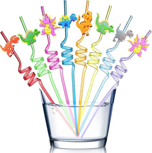 Plastic Straws,Curly Dinosaur Straws, Novelty Dinosaur Straws,Plastic Straws Reusable,for Birthday Decorations and Other Party Supplies,8Pack