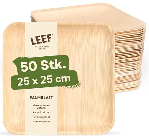 Leef – Assiettes en Feuille de Palmier Carrées – Vaisselle Jetable Compostable et Naturelle – Écologique, Idéal Fête et Traiteur (25 x 25 cm)