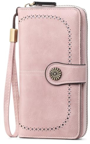 GOIACII Monedero para mujer, protección RFID, grande, de piel, grande, para mujer, gran capacidad, con 13 compartimentos para tarjetas y correa de mano extraíble, A03 Rosa, M, Minimalista