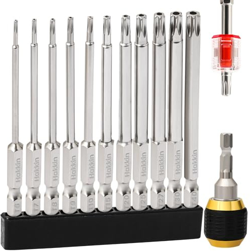Hakkin 11 Stück T6-T40 75mm Torx Bit Set Lang mit Loch 1/4 Torx Schraubendreher Bitset für Schlagschrauber S2 T20 T25 T40 Sternschraubenzieher mit Bit Bithalter magnetisch Bitsatz für Akkuschrauber