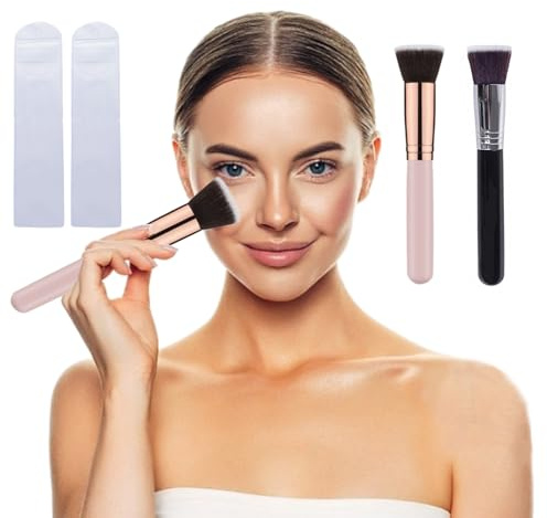 LIANRISES 2 Stück Make Up Pinsel, Kabuki Foundation Pinsel Flach, Foundation Brush Contouring Pinsel Rosa und Schwarz, für Creme Pulver Blush und 2 Schutzbeutel