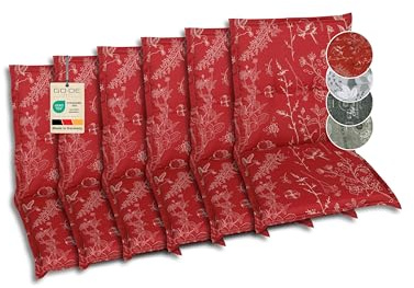 GO-DE Textil Bequeme und attraktive Polsterauflagen für Niederlehner-Gartenstühle (6er-Set, Blumen und Stengel rot, Niederlehner)