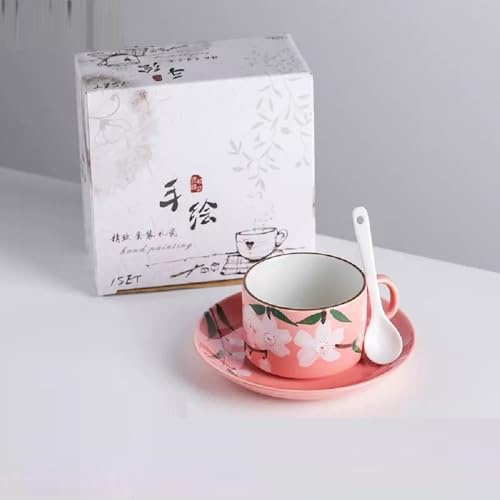 FülleMore Frühstückstasse mit Untertasse Niedliche Blumenmuster Kaffeetasse Teetasse 150ml Espressotasse mit Unterteller Mokkatasse Set Geschenk für Mädchen Mama Oma Freundin (Rosa)
