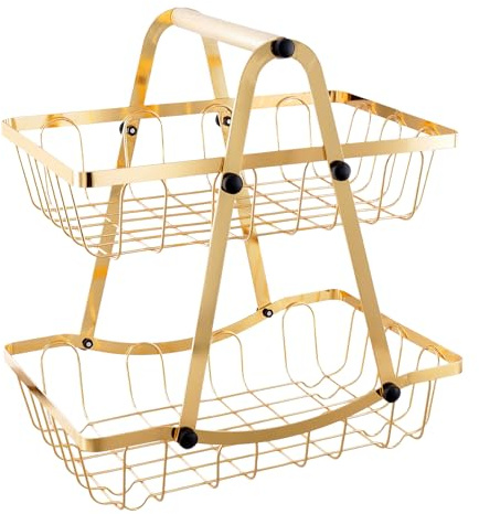 CHIHEUNG 2-Tier Fruit Basket, Metal Vegetable Storage Basket with Handle, Detachablex Fruit Storage Rack for for Fruits, Vegetables, Bread, Snacks Organizer, 28.5x18.5x32cm,Gold