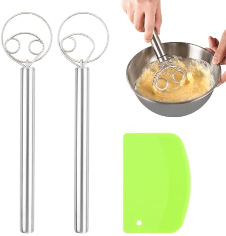 2 Pièces Fouet à Pâte Danois en Acier Inoxydable 304 (33 cm) + 1 Grattoir à Pâte en PP, Mélangeur De Pâte à Pain, Fouet à Oeufs, Danish Dough Whisk Idéal pour Pain, Pizza, Gâteaux et Pâtisseries