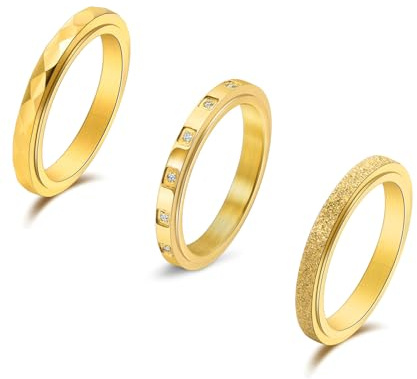 OPFIV 3mm Fidget Rings for Anxiety Relief - 18K Gold Plated Titanium Steel Glitter Sandblast Diamond Spinner Ring Set for Women Men Thin Stackable Thumb Rings Band Stress Relief Jewelry Non Tarnish