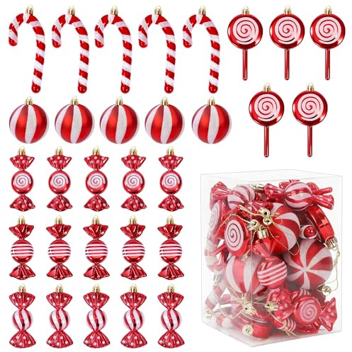 Navidad Candy Decoraciones, 30 Piezas Bolas de Navidad decoración de caña de Caramelo Colgante, Adornos de Caramelos, Piruletas y Bolas de árbol de Navidad, Rojos y Blancos