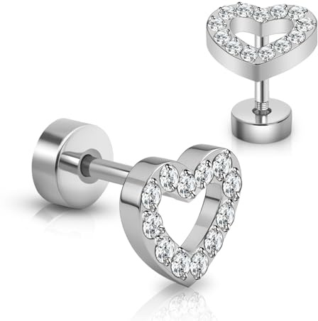 XUU Titanium Flat Back Stud Earrings, 20G 8mm Post Screw Back, Heart CZ Crystal, Hypoallergenic Tragus, Helix, Cartilage Jewelry For Women, Pair (Silver/Heart)