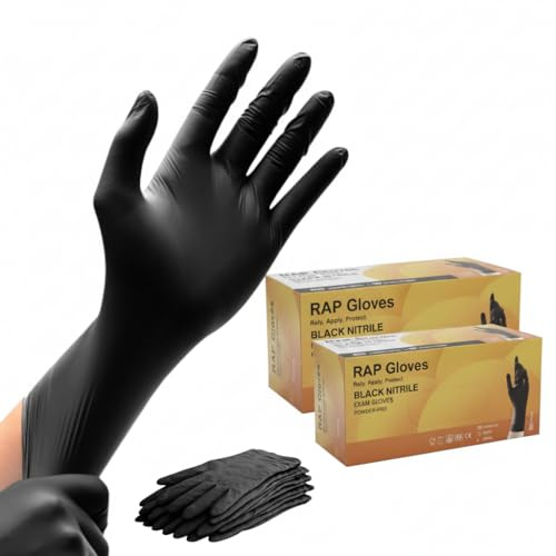 RAP Gloves Black Nitrile Powder Free Disposable Gloves Pack of 200 XL | Latex free single use handwear, tear resistant, textured fingertips, for kitchens, catering and workshops