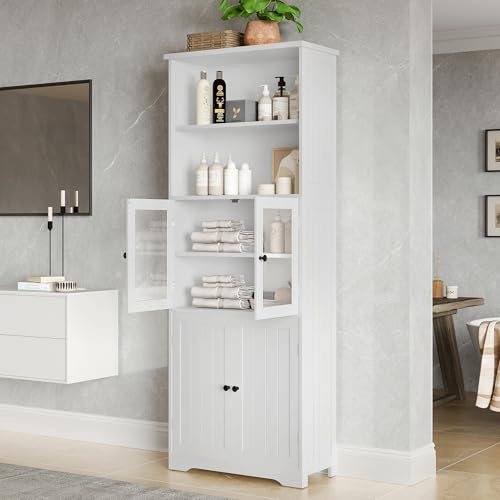 VIVCA Armario alto de baño de 57,4 x 28,5 x 160 cm con espacio de almacenamiento, lacado completo, puerta de armario de cristal, puerta de armario de madera, dos estantes abiertos, divisores