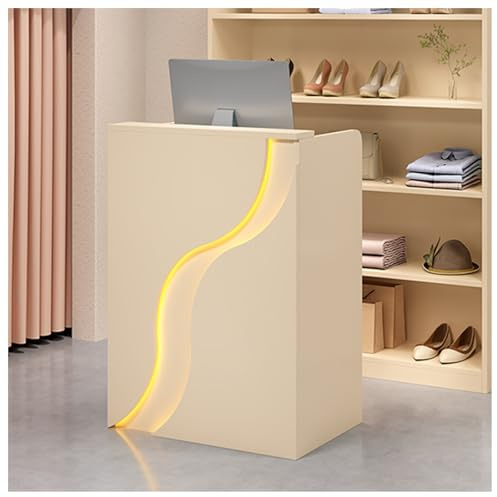 Minimalistische Empfangstheke mit abgerundeten Ecken, tiefe Seitenwände, ideal für Bekleidungsgeschäfte, inklusive metallbeschichteten Griffen und Schubladen für ein effizientes Kassenerlebnis