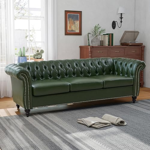 QHITTY Accent Large Sofa, Chesterfield Couch 3 Seater Modern Leather Couch Upholstered Sofa with Tufted Back for Living Room Furniture (Green)