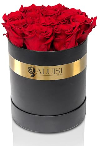 Aluisi Fiori – 12 Rose Rosse Stabilizzate – Box Nera – Bouquet eterno per San Valentino, anniversari e regali indimenticabili.