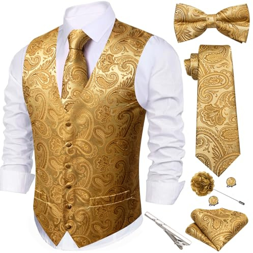 Barry.Wang Men's Paisley Jacquard Silk V-Neck Waistcoat 7PCS Suit Set - Formal Vest with Tie Bowtie Pocket Square for Wedding Business