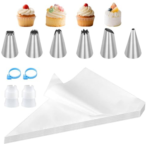 100 Poches à Douille Patisserie,Poches à Douille Jetables,6 Douilles en INOX,2 Adaptateurs,2 Élastiques Supérieurs,Poches à Pâtisserie Jetables,pour Deco Gateau,Décorer Les Biscuits,Cupcake,Pâtisseri