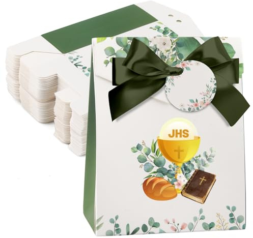 50 Scatoline Bomboniere per Battesimo, Bolsas de Regalo para Comunión Bautizo Confirmación con Diseños Cáliz, Espigas, Cruz, Bolsitas Regalo para Bodas, Cumpleaños y Detalles Invitados (10x8x4cm)