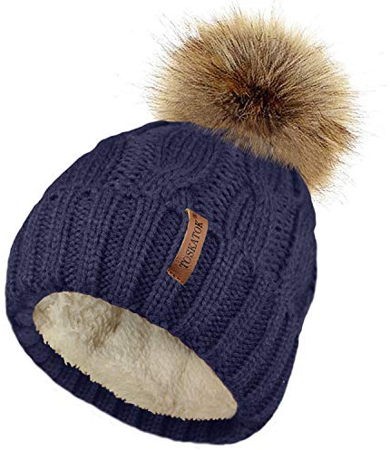 TOSKATOK Damen Chunky weichen Kabel Stricken Hut mit gemütlichem Fleecefutter und abnehmbarem Kunstpelz Pompom