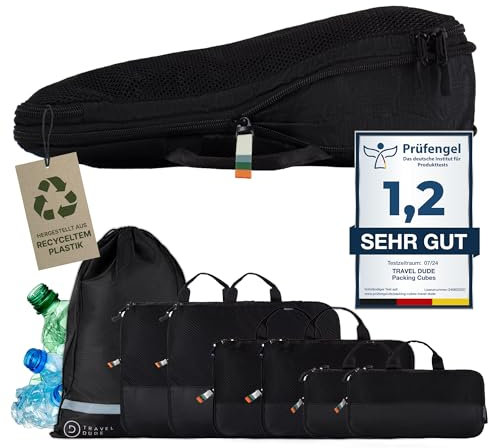 TRAVEL DUDE Packwürfel Set mit Kompression aus recycelten Plastikflaschen | Leichte Packing Cubes | Packtaschen Set für Rucksack & Koffer (Schwarz, 7-teiliges Set)