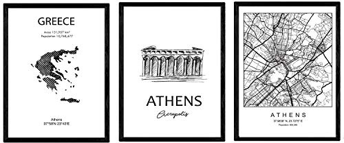 Pack de Posters de Paises y monumentos. Atenas Mapa de la Ciudad, Monumento Acropolis y Mapa Grecia. Tamaño A3