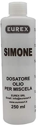 Eurex srl Dosatore Olio per Miscela 250 ml Personalizzato con Il Tuo Nome: Simone. Completo di Tappo, Scala Graduata e percentuali 2-4% 2,5-5% 3-6% (3)