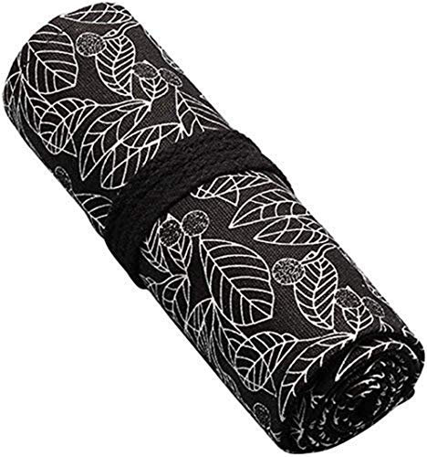 VIONNPPT Leinwand Farbige Bleistifte Fall Wrap Roll Up Halter Beutel für Künstler Reise Zeichnung Färbung Tragbare Lagerung Organizer für Ball Stifte oder Bleistifte (Schwarz Blätter, 72 Holes)