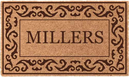COCO MATS 'N MORE Brown Rolling Scrolls Bordered Personalized Coco Doormat 38 x 60 with Vinyl Backing | Coir Front Door Mat | Tough Bristles Clean Dirt Away | Non-Slip Backing