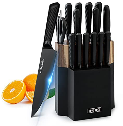 HOBO Messer set, HOBO 15 Teiliges Schwarz Küchenmesser set mit Holzblock, Messer block set mit Antihaftbeschichtung, Professionelles Küchenmesserset aus Deutschem Edelstahl mit Hohem Kohlenstoffgeha