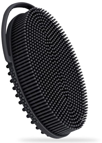 FREATECH Silicone Body Scrubber with Loop Handle, Bath Shower Scrubber Gentle Exfoliating Body Scrub Brush for Men Women Kids, Sensitive Skin, More Hygienic Than Loofah, Easy to Clean, Black