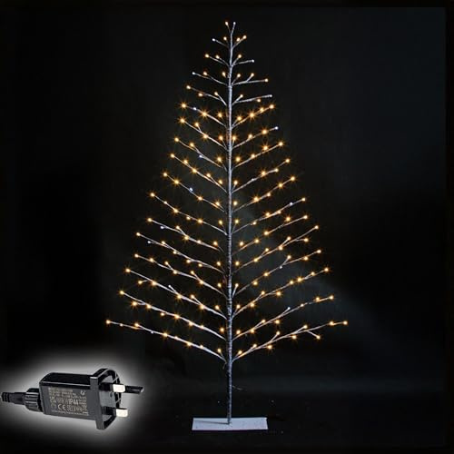 4Ft/1.2m Pre-Lit Brown Snowy Twig Christmas Tree - 90 Warm White Micro LEDs Twinkling Cool White Lights - Mains Operated - Indoor/Outdoor Birch Tree Xmas Home Light Decoration