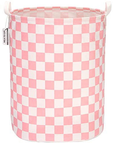 Sea Team 19,7 Zoll großer, wasserdichter, beschichteter Ramie-Baumwollstoff, zusammenklappbarer Wäschekorb, zylindrischer Sackleinen-Aufbewahrungskorb mit stilvollem Gitterdesign in Rosa | Zusammenklappbarer Stoff-Wäschekorb, Schrankregal-Organizer, Behälter für Kleidung, Decken, Spielzeug, Bettwäsche, 50 x 40 cm
