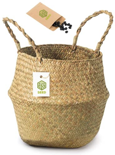 SEED Cesto Mimbre + Semillas de Regalo - Cesta Maceta Decorativa Interior - Cesta Mimbre Para Plantas, Macetero Decorativo, Cubre Macetas Decorativas Interior, Juguetes, Ropa, Fruta (Tamaño S)
