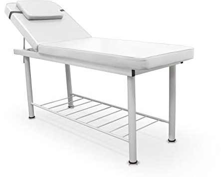 Quirumed Lettino da massaggio fisso, 2 sezioni, con struttura in acciaio, colore bianco, similpelle, foro facciale, cuscino, portarotolo, vassoio inferiore, fino a 180 kg