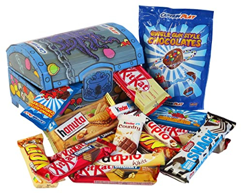 CAPTAIN PLAY Schatztruhe mit 15 verschiedenen Schokoriegeln, Kindergeburtstag Geschenk, Süßigkeiten Geschenk, 678g Schokoriegel Großpackung