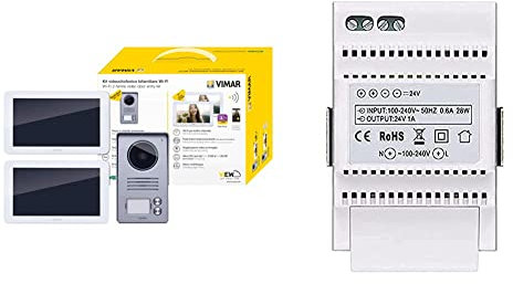 VIMAR K40956 Kit videocitofonico da parete con: 2 videocitofoni touch screen vivavoce Wi-Fi a colori LCD 7, bianco & 40103 Alimentatore per Videocitofono con Uscita 24 V