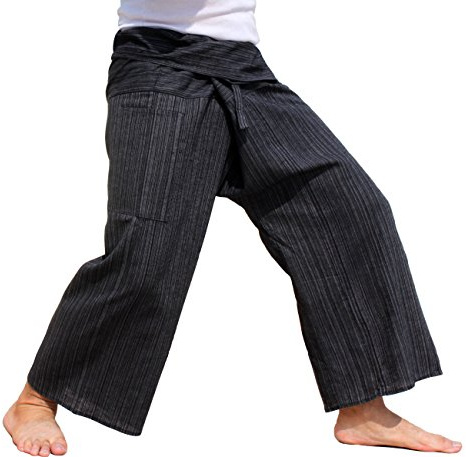 RaanPahMuang Striped Thai Fisherman Pants Men Women Loose Yoga Pirate Harem, Large-X-Large Tall, Black