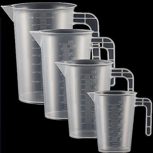 4 Stück Messbecher Kunststoff Set Mit Griff Gramm Skala 50ml+100ml+250ml+500ml, Hitzebeständig Präzisions Messbecher für Waschmittel, Küche, Labor, die Autopflege Skala Lebensmittelecht Transparent