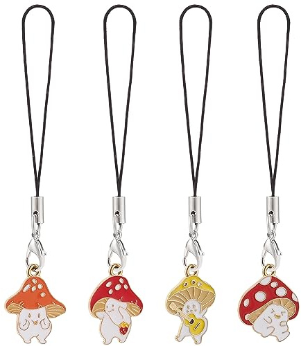 BENECREAT 4 Stück Handy-Anhänger Mit Pilz-Anhänger, Taschenanhänger Ornament Lanyards Handy-Charm-Gurt Für Handyhüllen, Taschen, Schlüssel Oder Sonstiges, 97 mm Lang