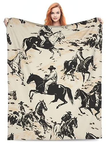 Black and White Western Throw Blankets Soft Cozy Flannel Western Cowboy Riding Horse Throw Blanket Catus Throw Blankets for Couch Bed Dorm 60x50