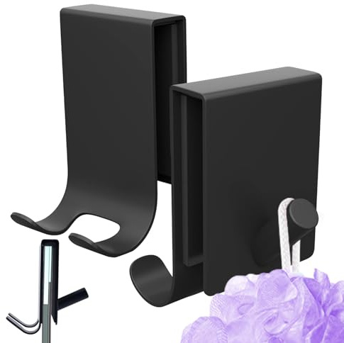 Cimown Crochet de Douche Pour Serviette,Lot de 2 Crochets Combinés Pour Serviettes,Crochets de Suspension Pour Serviettes Sans Perçag,Support de Rasoir (Noir,Avec Mousse Antidérapante)