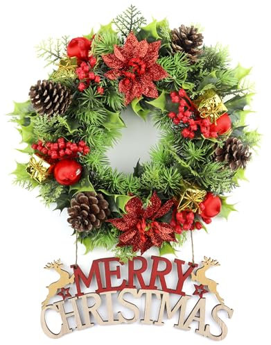Christmas Decoration Wreath, 12 Christmas Garland for Front Door, Winter Wreath Ornament Artificial Holly & Pine Cones, Red Poinsettias