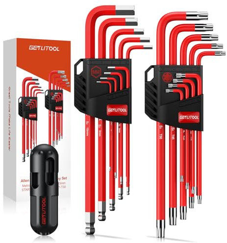 GETLITOOL Magnetic Hex Key Set, 18 PCS S2 Steel Long Allen & Torx Wrench Set with Size Marked & Storage Bracket, Allen Key Set with for Bicycle, Automotive, DIY Repair