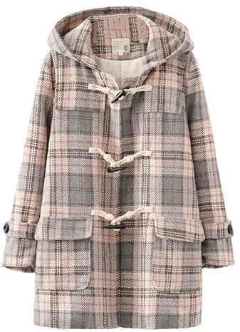 HIMI HIMIFASHION Duffle-coat de style japonais pour adolescents - Manteau mi-long en laine à carreaux - Bouton en corne - Vêtement d'extérieur épais à capuche avec poches, gris, L