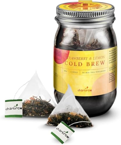 Charbrew Strawberry & Lemon Cold Brew Tea Blend – 16 Compostable Fine Mesh Pyramid Teabag Infusers with String & Tag in Reusable Glass Mason Jar Premium Tea from Sri Lanka 40g/1.14oz