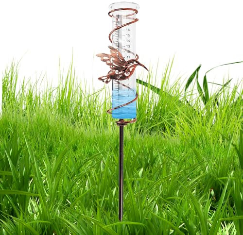 YANGUN Rain Gauge Outdoor, Rain Gauge for The Garden, Capacity Glass Rain Gauge Stake with Dual Scale in Centimeters and Inches, Removable Rain Gauges with Metal Tube Holder and Hummingbird Decor