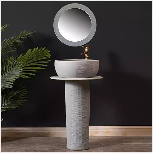 ZTGL Design Retro Säulenwaschbecken Waschbecken mit Standsäule Handwaschbecken Kaolin Clay Keramik Zylinder Waschbecken mit Wasserhahn Und Abflussgarnitur,A,with Mirror