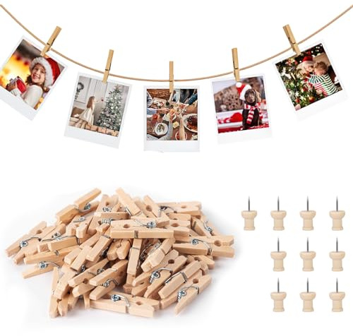 Pince A Linge en Bois 160 Pièces, Pinces À Linge Bois De 2.5cm avec Fil De Jute De 1m, Petite Epingle en Bois pour Photo en Bois Massif avec 10 Clous De Fixation, Utilisé pour Les Supports Photo