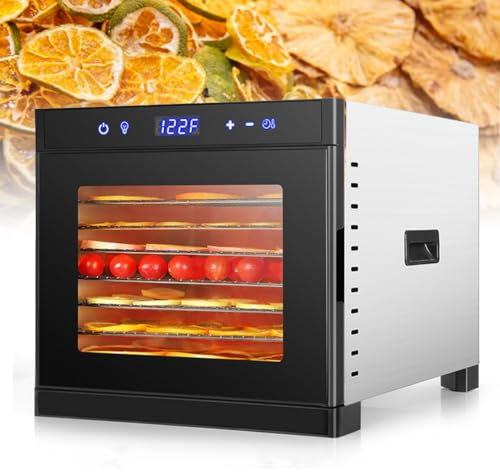 Disidratatore Alimentare, Essiccatore per Frutta in Acciaio Inossidabile con Vassoi Rimovibili, Essiccatore per Frutta a 6/8 Livelli, Timer 1-24 Ore, Controllo Intelligente della Temperatura 35℃-75℃