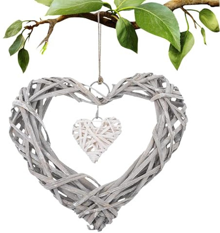 Adornos en forma de corazón, corona de mimbre, en forma de corazón | Adorno de corona para boda, corona de mimbre, natural, decoración para dormitorio, boda romántica