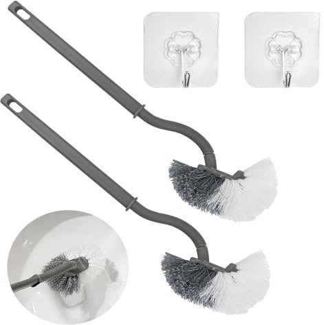 Gvolatee 2 Stück Toilettenbürste, Klobürste mit Randreiniger, WC Reinigungsbürste mit 2 Klebehaken, Gebogene Toilettenbürste für Tiefenreinigung