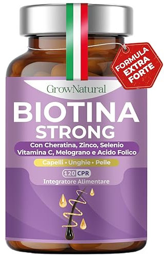 BIOTINA STRONG - Integratori per Capelli - Biotina Cheratina e Zinco - Vitamine per Crescita Capelli e anticaduta Donna e Uomo - 120 Compresse con Melograno, Vitamina C, Acido Folico e Selenio